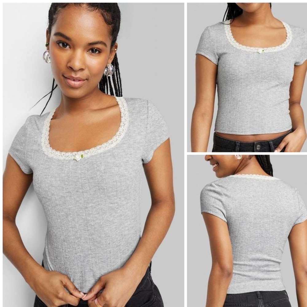 NWT! target Wild Fable Short Sleeve Pointelle Rosette T-Shirt in grey, size XS